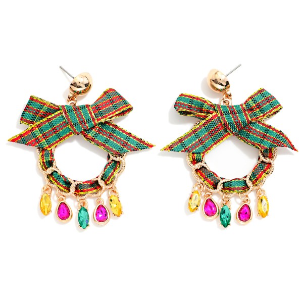 Woven Plaid Bow Wreath Post Drop Earrings With Rhinestone Dangle Details 

- Approximately 2.25" L
