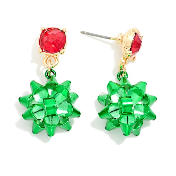 Metallic Christmas Present Bow & Rhinestone Post Drop Earrings 

- Approximately 1.25" L