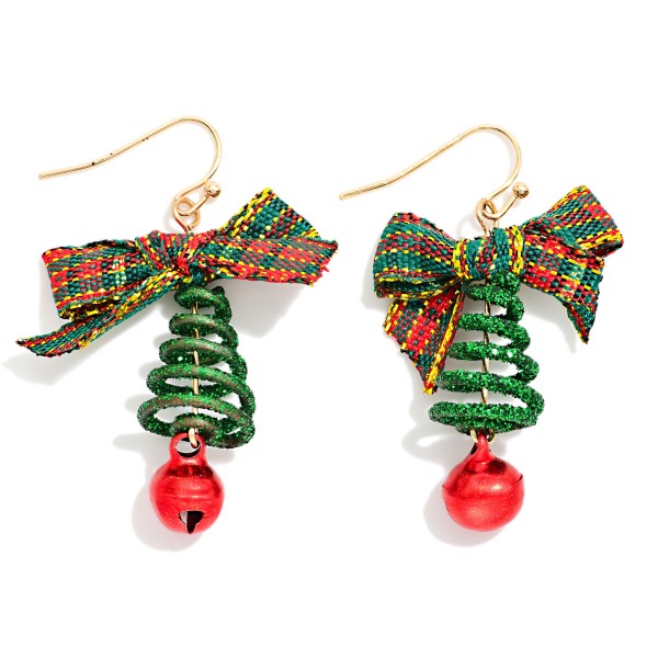 Glitter Spiral Christmas Tree & Plaid Bow Post Drop Earrings With Jingle Bell Detail 

- Approximately 1.5" L
