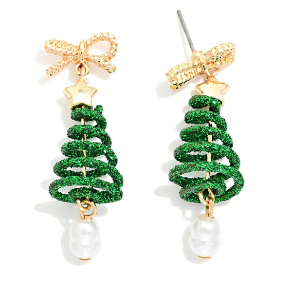 Glitter Spiral Christmas Tree & Metal Bow Post Drop Earrings With Pearl Dangle Detail 

- Approximately 1.5" L
