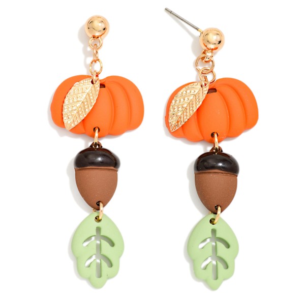Linked Polymer Clay Pumpkin, Acorn, & Leaf Post Drop Earrings 

- Approximately 2.25" L