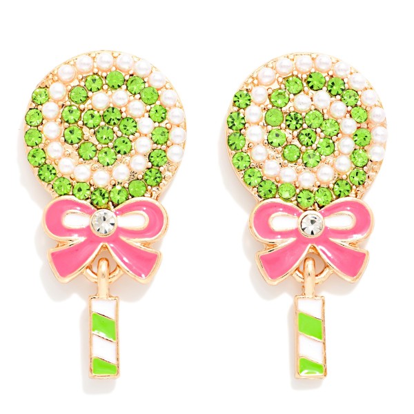 Rhinestone, Pearl, & Enamel Lollipop Post Drop Earrings 

- Approximately 1.5" L