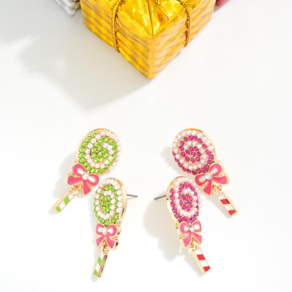 Rhinestone, Pearl, & Enamel Lollipop Post Drop Earrings 

- Approximately 1.5" L