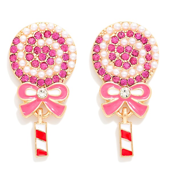 Rhinestone, Pearl, & Enamel Lollipop Post Drop Earrings 

- Approximately 1.5" L