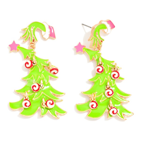 Enamel Christmas Tree Post Drop Earrings With Dangly Ornament Details 

- Approximately 2" L