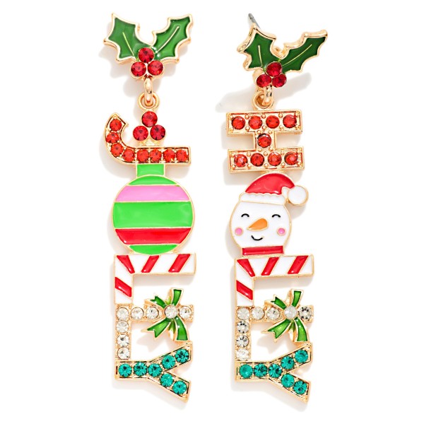 Enamel & Rhinestone "HOLLY JOLLY" Post Drop Earrings 

- Approximately 3" L
