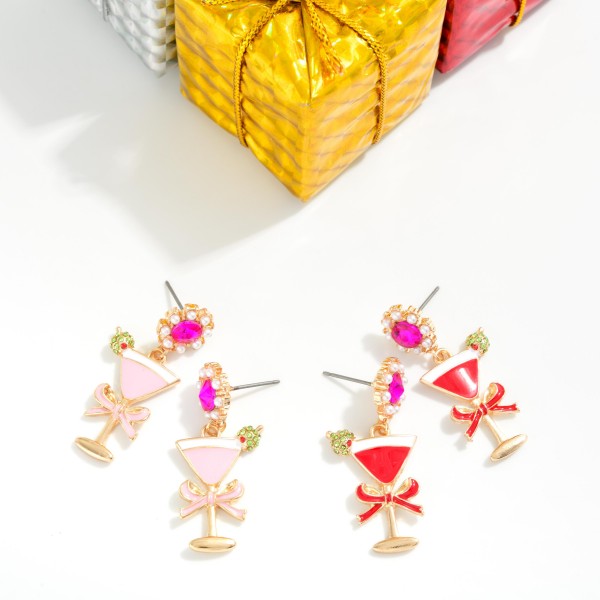 Enamel, Rhinestone, & Pearl Post Drop Earrings 

- Approximately 1.5" L