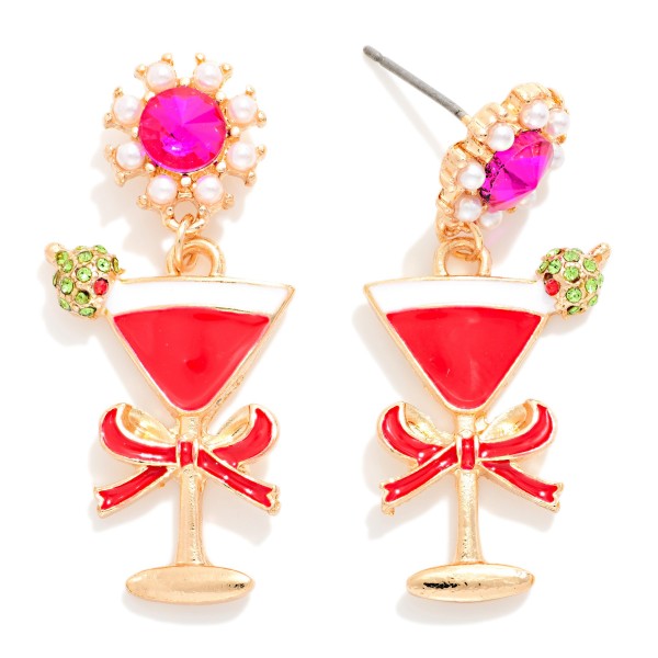 Enamel, Rhinestone, & Pearl Post Drop Earrings 

- Approximately 1.5" L
