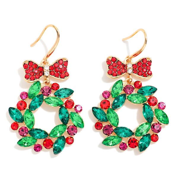 Rhinestone Christmas Wreath & Bow Drop Earrings 

- Approximately 2" L