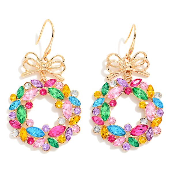 Multicolor Rhinestone Christmas Wreath Drop Earrings 

- Approximately 2" L