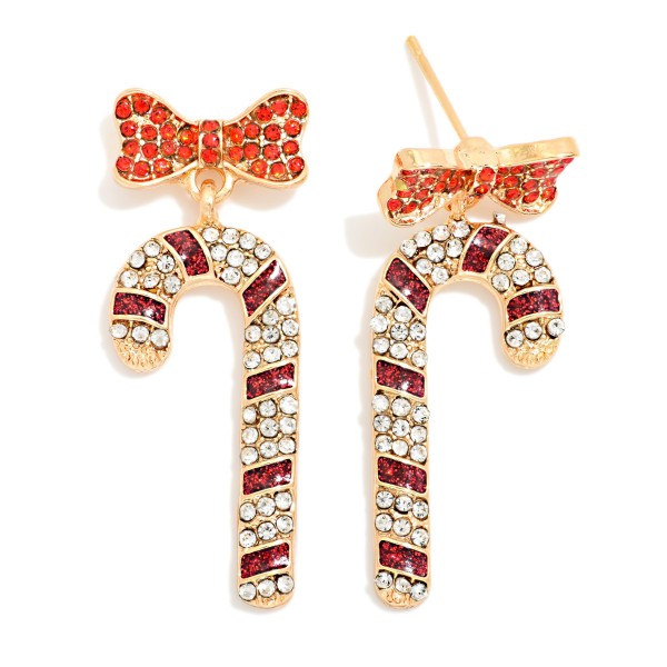 Rhinestone Candy Cane & Bow Post Drop Earrings 

- Approximately 1.5" L