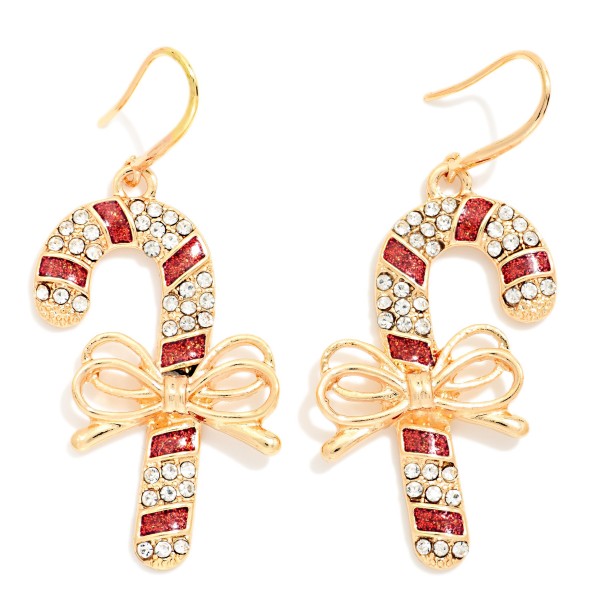 Rhinestone Candy Cane Drop Earrings With Metal Tone Bow Detail 

- Approximately 2" L