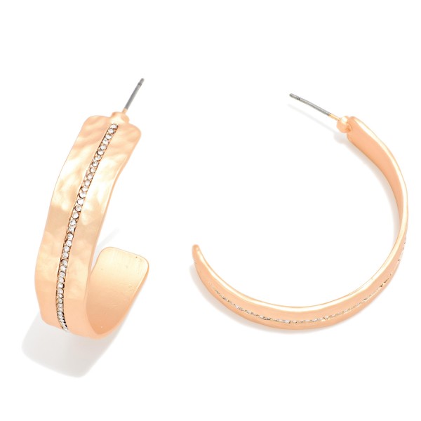 Flat Hammered Metal Half Hoop Earrings Featuring Rhinestone Line Accent 

- Approximately 1" D