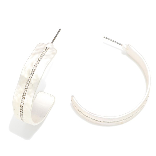 Flat Hammered Metal Half Hoop Earrings Featuring Rhinestone Line Accent 

- Approximately 1" D