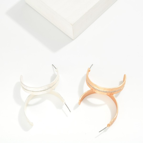 Flat Hammered Metal Half Hoop Earrings Featuring Rhinestone Line Accent 

- Approximately 1" D