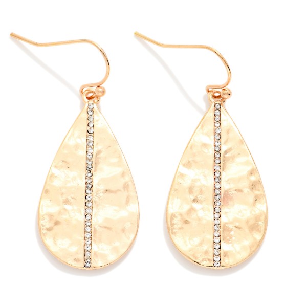Hammered Metal Teardrop Drop Earrings With Rhinestone Line Accent 

- Approximately 1.25" L