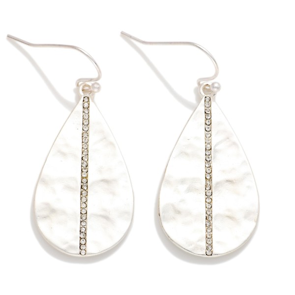 Hammered Metal Teardrop Drop Earrings With Rhinestone Line Accent 

- Approximately 1.25" L