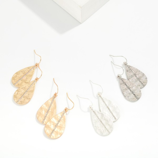 Hammered Metal Teardrop Drop Earrings With Rhinestone Line Accent 

- Approximately 1.25" L