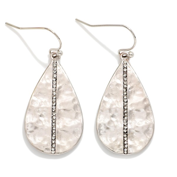 Hammered Metal Teardrop Drop Earrings With Rhinestone Line Accent 

- Approximately 1.25" L