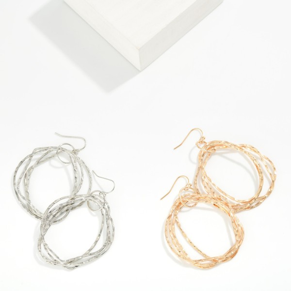Nesting Hammered Metal Hoops Post Drop Earrings 

- Approximately 2.5" L