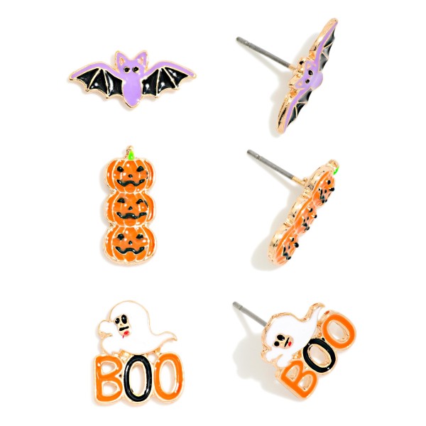Halloween Stud Earring Set with three pairs of enamel studs featuring a bat, stacked jack o lanterns, and a ghost with BOO lettering. Petite post backs keep them comfortable for kids and adults. Fun for school parties, trick or treating, fall festivals, and costume events. Halloween earring sets are an easy impulse buy and sell quickly in the weeks leading up to October 31, so display them early.