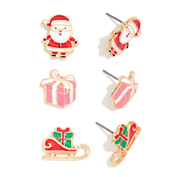 Santa and Sleigh Stud Earring Set with three pairs of glossy enamel studs: a jolly Santa, a beribboned gift box, and a classic sleigh loaded with presents. Petite posts make them comfortable for all day wear at work, school, and family gatherings. A fun way to switch up holiday looks through December, or split the pairs into stocking stuffers and small gifts. A cheerful, budget friendly holiday set that moves quickly at checkout.