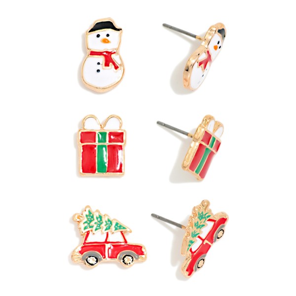 Christmas Stud Earring Set with three festive pairs in glossy enamel: a cheerful snowman in a scarf, a wrapped gift box, and a vintage car carrying home the Christmas tree. Petite posts keep each pair comfortable for all day wear at school, work, and holiday events. Shoppers can rotate styles all season or split the set into stocking stuffers and teacher gifts. A cheerful, high value set that sells quickly at the register.