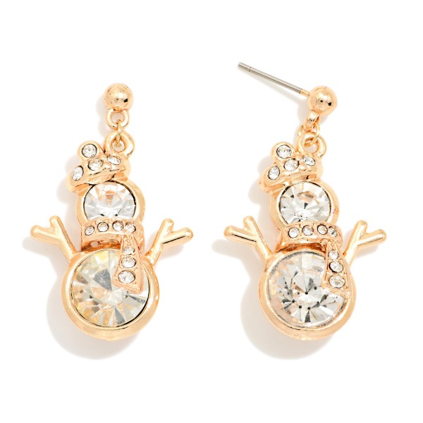 Crystal Snowman Drop Earrings featuring a sparkling snowman built from two faceted crystal stones, with a rhinestone hat, scarf, and twig arms on a petite ball post. The oversized stones catch light from every angle, giving this winter character a dressy, elegant twist. Perfect for holiday parties, winter weddings, and festive date nights. Sparkly seasonal earrings like these make easy gifts and sell from November straight through January.