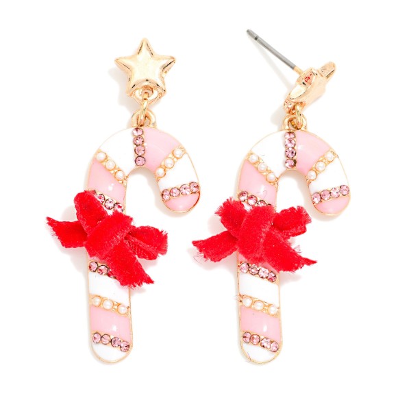 Enamel Candy Cane & Metal Tone Star Post Drop Earrings Featuring Felt Bow Detail 

- Approximately 1.5" L 