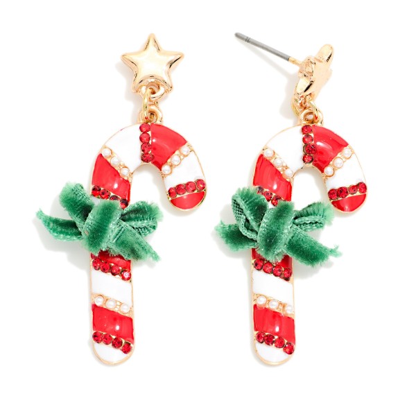 Enamel Candy Cane & Metal Tone Star Post Drop Earrings Featuring Felt Bow Detail 

- Approximately 1.5" L 