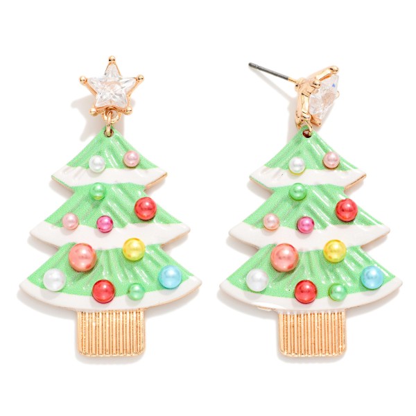 Enamel Christmas Tree With Beaded Ornaments & Rhinestone Star Post Drop Earrings 

- Approximately 2" L