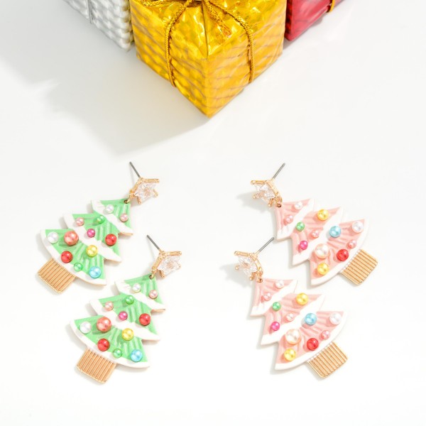 Enamel Christmas Tree With Beaded Ornaments & Rhinestone Star Post Drop Earrings 

- Approximately 2" L