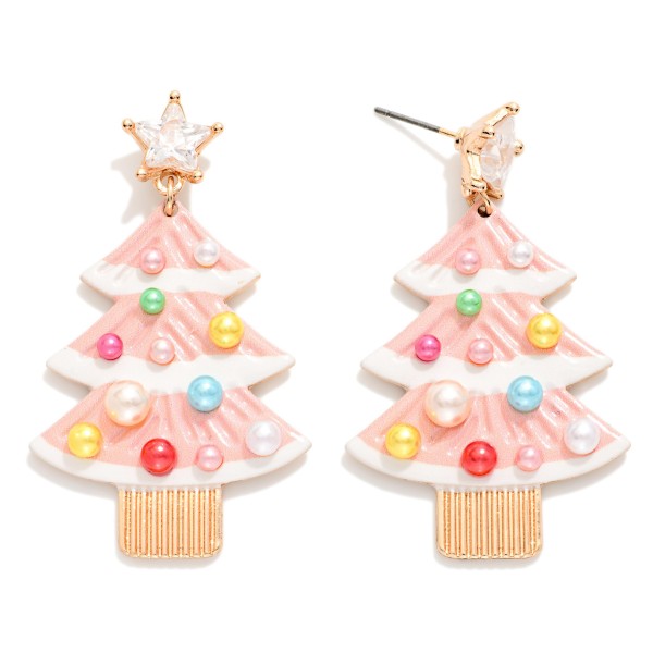 Enamel Christmas Tree With Beaded Ornaments & Rhinestone Star Post Drop Earrings 

- Approximately 2" L