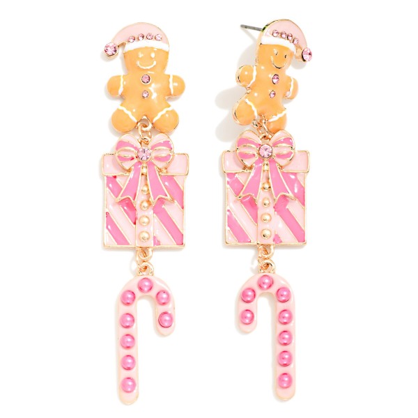 Enamel Christmas Gingerbread Man, Present, & Candy Cane Post Drop Earrings 

- Approximately 3" L