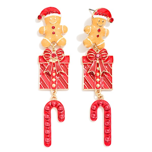 Enamel Christmas Gingerbread Man, Present, & Candy Cane Post Drop Earrings 

- Approximately 3" L