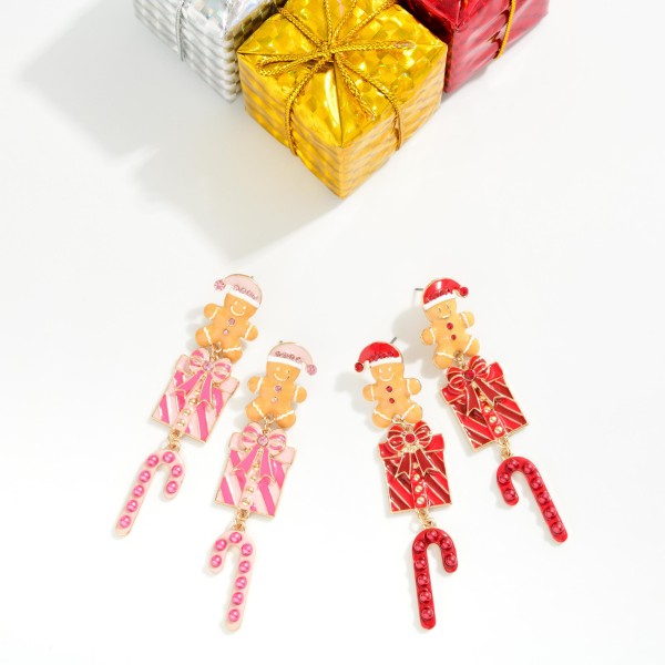 Enamel Christmas Gingerbread Man, Present, & Candy Cane Post Drop Earrings 

- Approximately 3" L