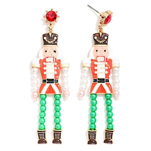 Enamel & Beaded Nutcracker With Rhinestone Post Drop Earrings 

- Approximately 3" LCoral
