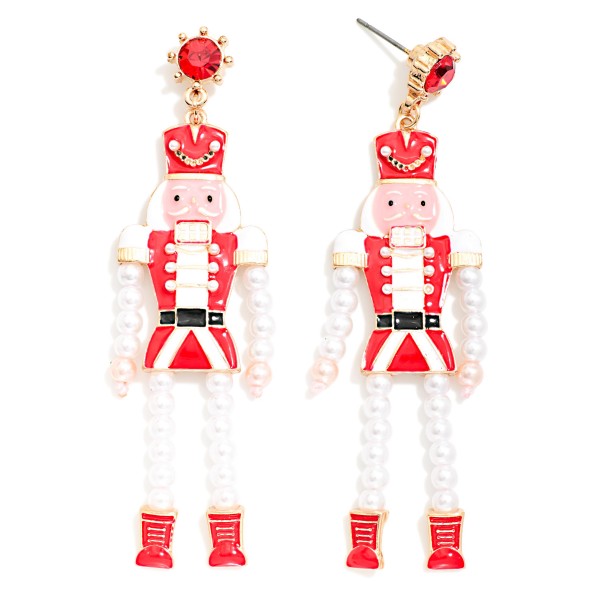 Enamel & Beaded Nutcracker With Rhinestone Post Drop Earrings 

- Approximately 3" LCoral