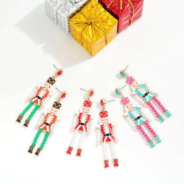 Enamel & Beaded Nutcracker With Rhinestone Post Drop Earrings 

- Approximately 3" LCoral