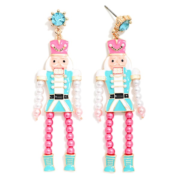 Enamel & Beaded Nutcracker With Rhinestone Post Drop Earrings 

- Approximately 3" LCoral