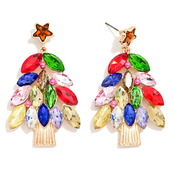 Multi Color Rhinestone Christmas Tree Post Drop Earrings 

- Approximately 2" L