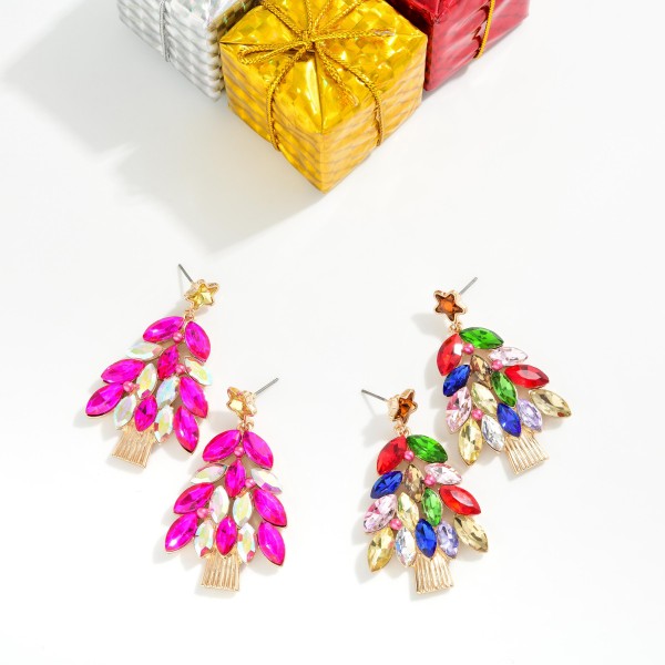 Multi Color Rhinestone Christmas Tree Post Drop Earrings 

- Approximately 2" L