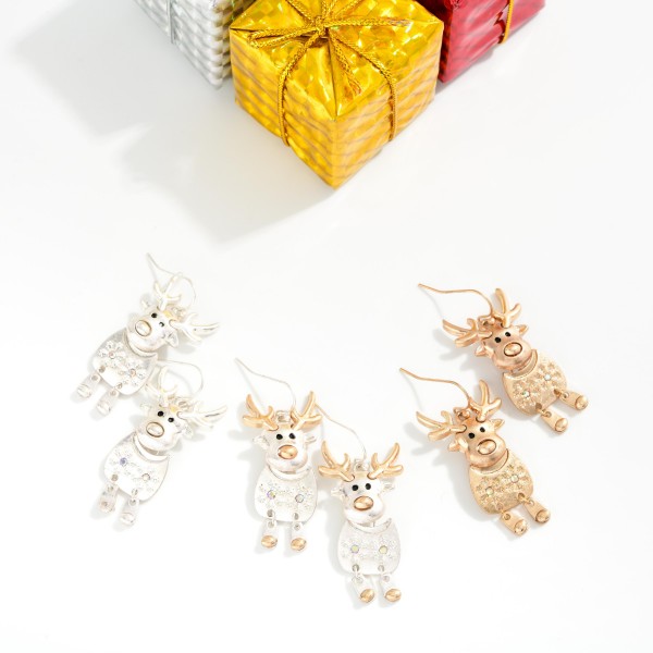 Metal Tone Reindeer Drop Earrings 

- Approximately 2" L
