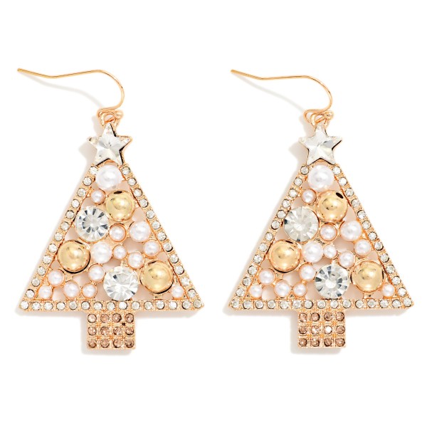 Pearl & Rhinestone Studded Christmas Tree Drop Earrings 

- Approximately 2" L