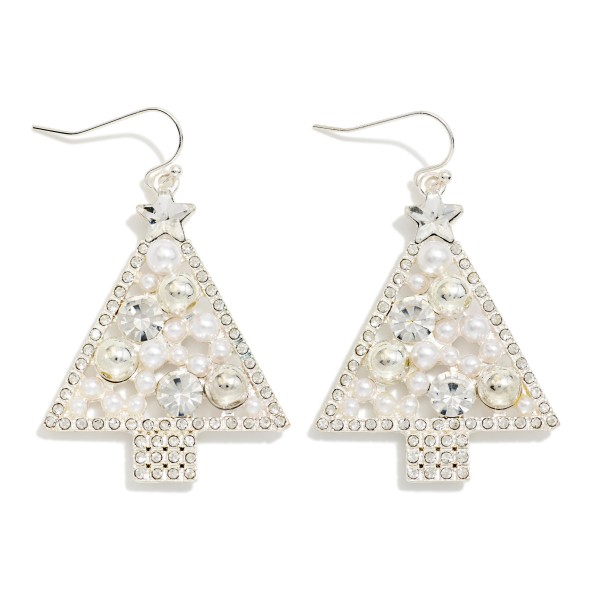 Pearl & Rhinestone Studded Christmas Tree Drop Earrings 

- Approximately 2" L