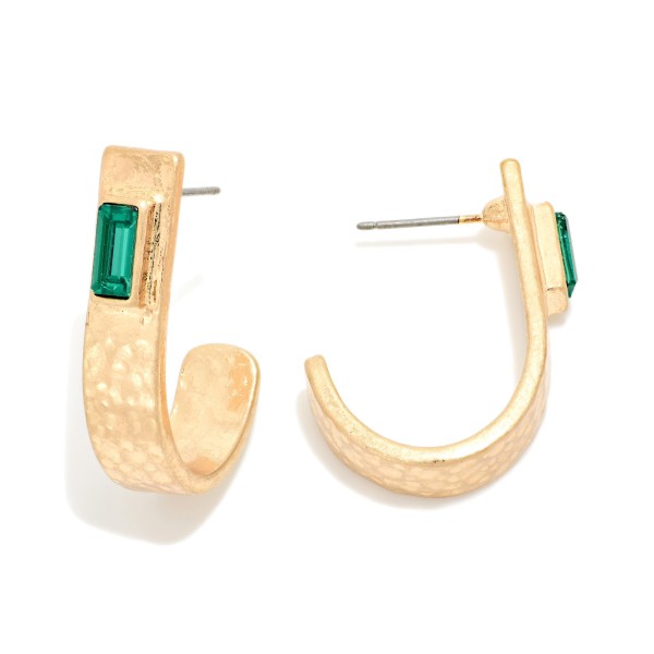 Hammered Metal Drop Half Hoop Earrings Featuring Baguette Rhinestone Detail 

- Approximately 1.25" L