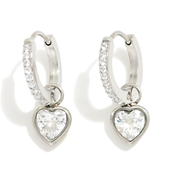 Rhinestone Studded Huggie Hoop Drop Earrings With Rhinestone Heart Details 

- Stainless Steel
- Water Resistant 
- Approximately .25" D