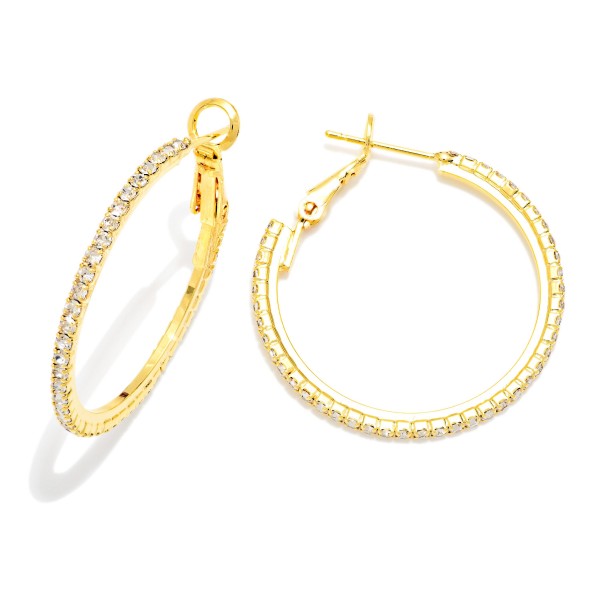 Rhinestone Studded Hoop Earrings 

- Water Resistant 
- Gold Dipped 
- Approximately 1" D