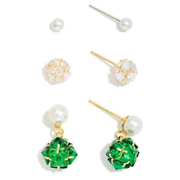 Set Of Three Pearl & Glass Crystal Stud & Drop Earrings 

- Gold Dipped
- Approximately .02" - .75" L