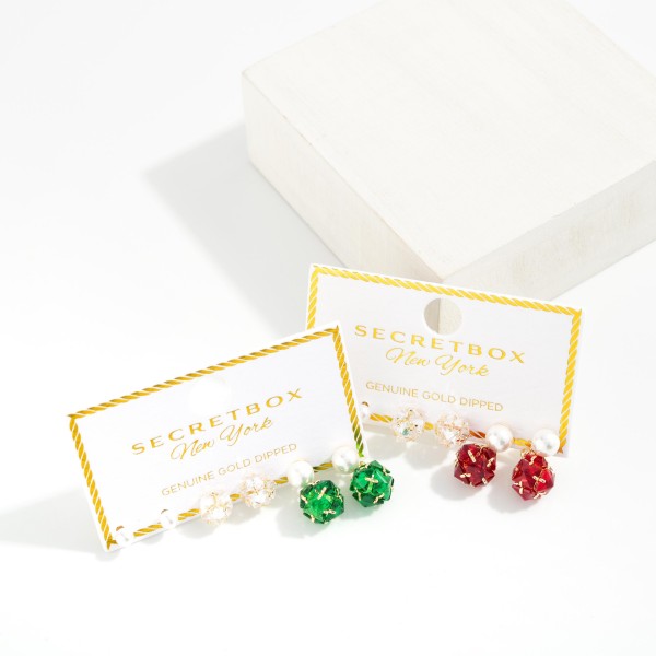 Set Of Three Pearl & Glass Crystal Stud & Drop Earrings 

- Gold Dipped
- Approximately .02" - .75" L